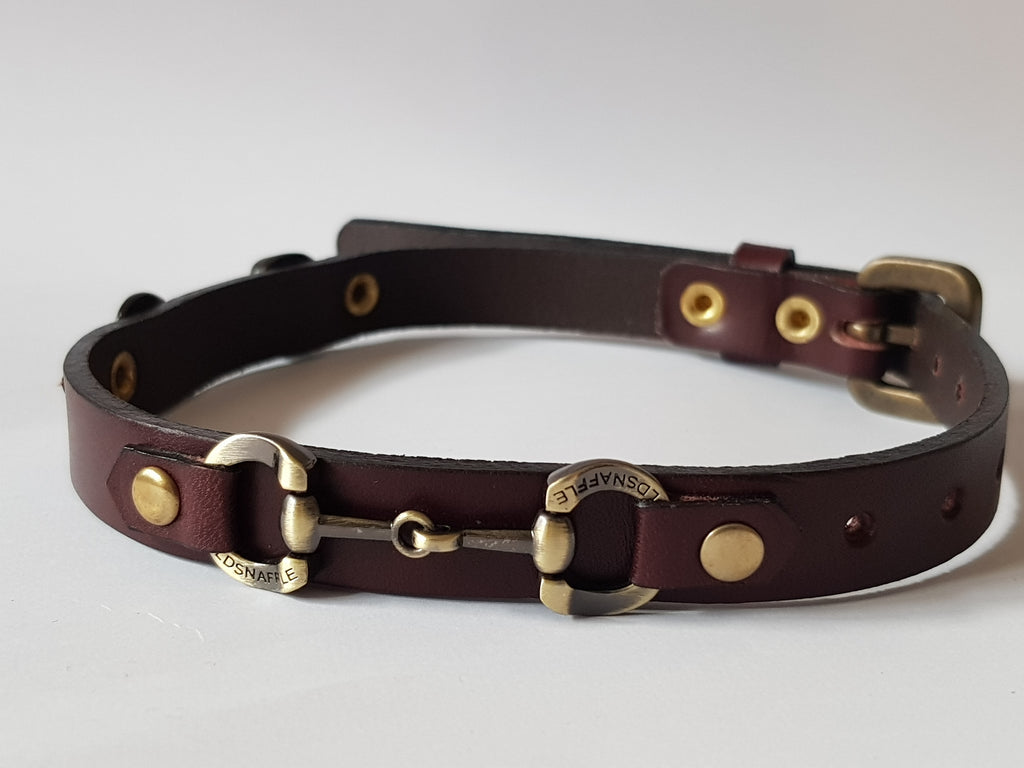 italian leather dog collar brushed gold snaffle bits - collar - GoldSnaffle