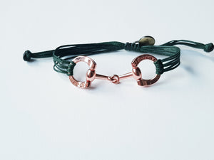 Rose gold horse bit snaffle bracelet in leather string