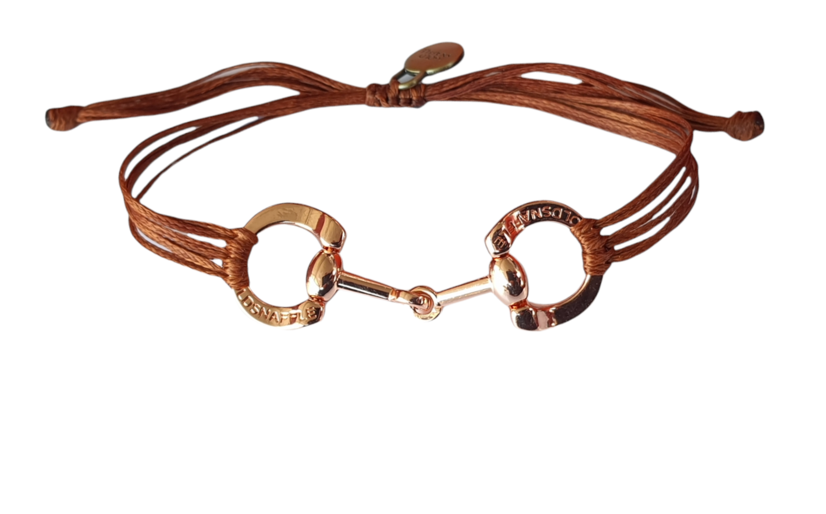 Rose gold horse bit snaffle bracelet in leather string