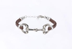 plaited faux leather brushed silver horse bit bracelet